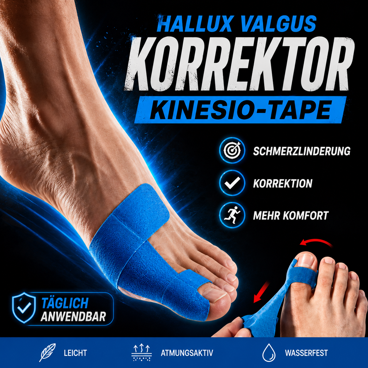 Vorgeschnittenes Kinesiologie-Tape zur Korrektur von Ballenzehen